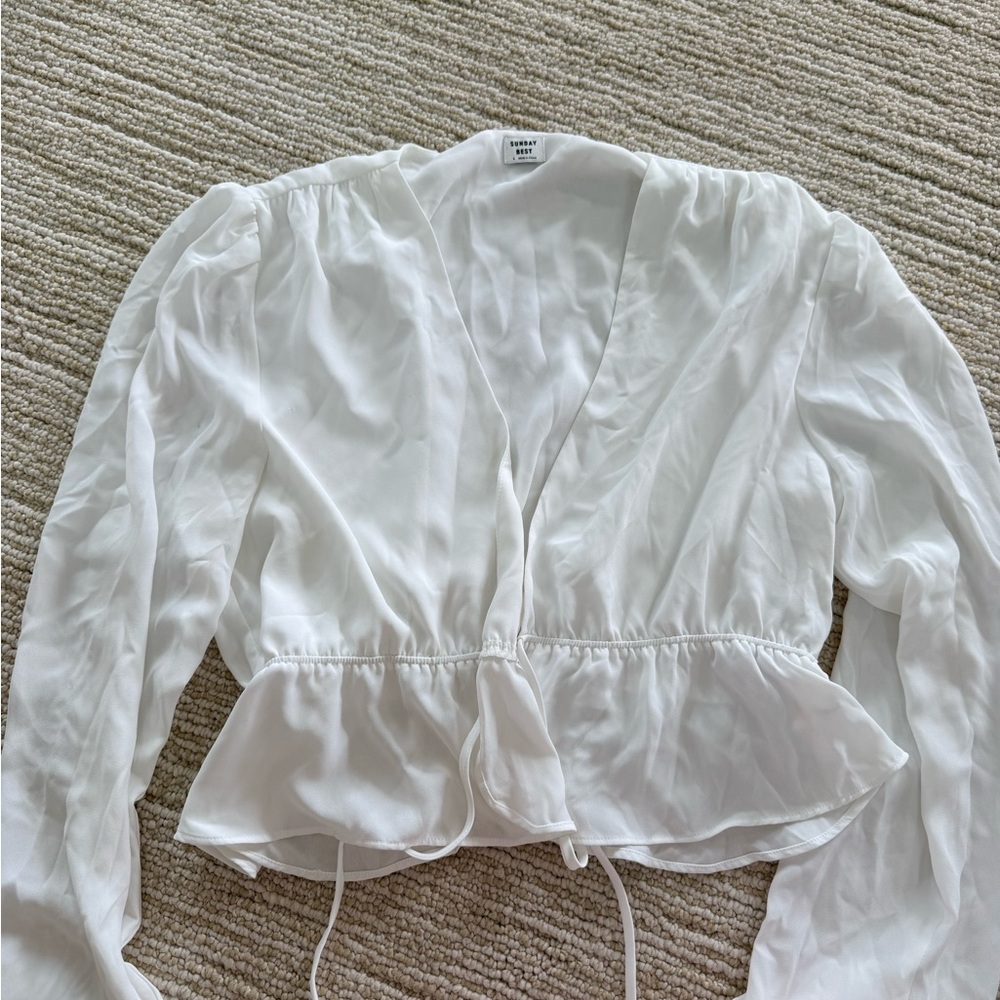 Sunday Best White Sheer Peplum Tie-Front Blouse